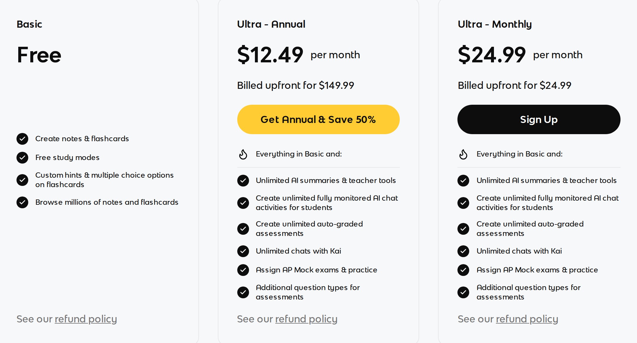 Knowt pricing plans - Basic, Ultra Annual, and Ultra Monthly