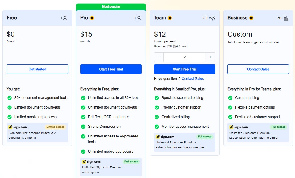 Smallpdf pricing plans - Free, Pro, Team, and Business